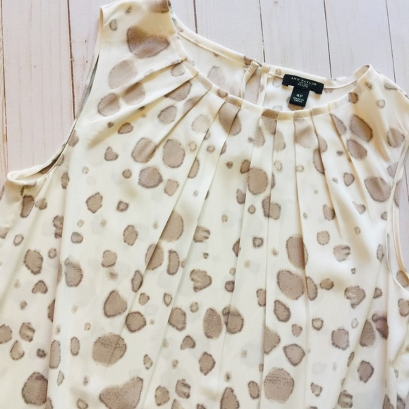 ANN TAYLOR Petite Cream & Taupe Pleated Neck Top 4 - Picture 3 of 9